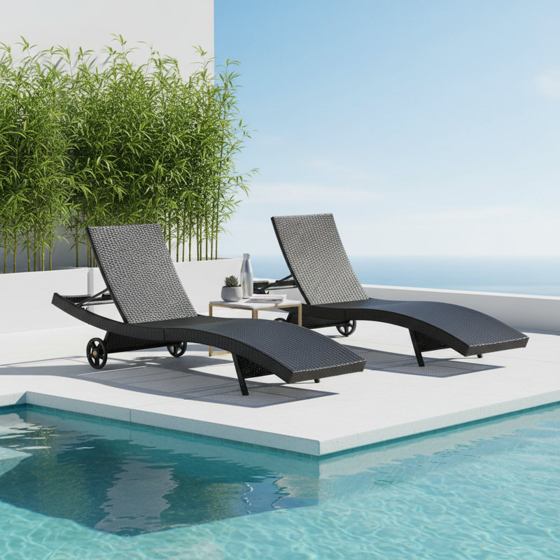 Outdoor Wicker Chaise Lounge Chairs Set of 2 with Adjustable Backrest, Rolling Wheels, and Pull-out Side Table for Poolside Relaxation