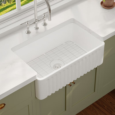  Brooklyn 30" W x 18" D Ceramic Farmhouse Apron-Front Kitchen Sink With Sink Grid and Basket Strainer