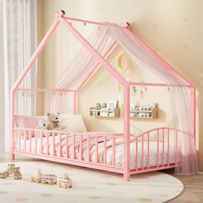 Lit d'enfant en forme de maison avec barrières de sécurité sur toute la longueur, lit de sol bas et robuste en fer pour tout-petits, prêt à recevoir un ciel de lit à monter soi-même