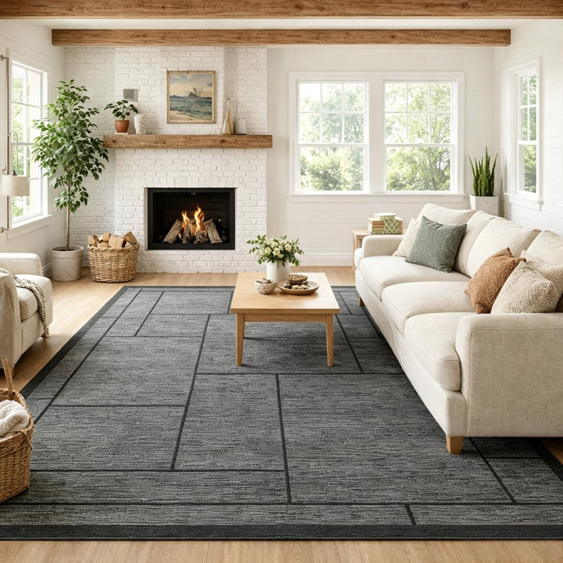 Tapis géométrique lavable pour le salon et la chambre à coucher, Grey, Rectangle 10' x 13'