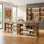 Table de couture artisanale en bois massif avec tablettes de rangement et sièges
