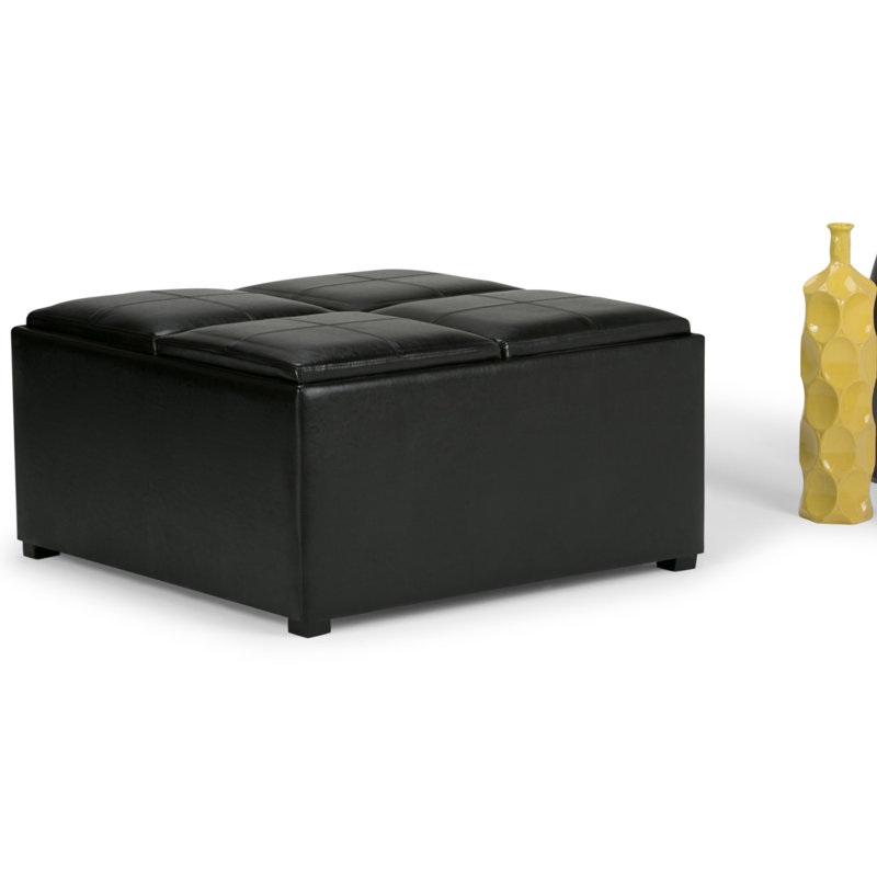 Avalon 35"W Upholstered Square Coffee Table Storage Ottoman with Flip-Over Trays, Brown, Midnight Black Faux Leather