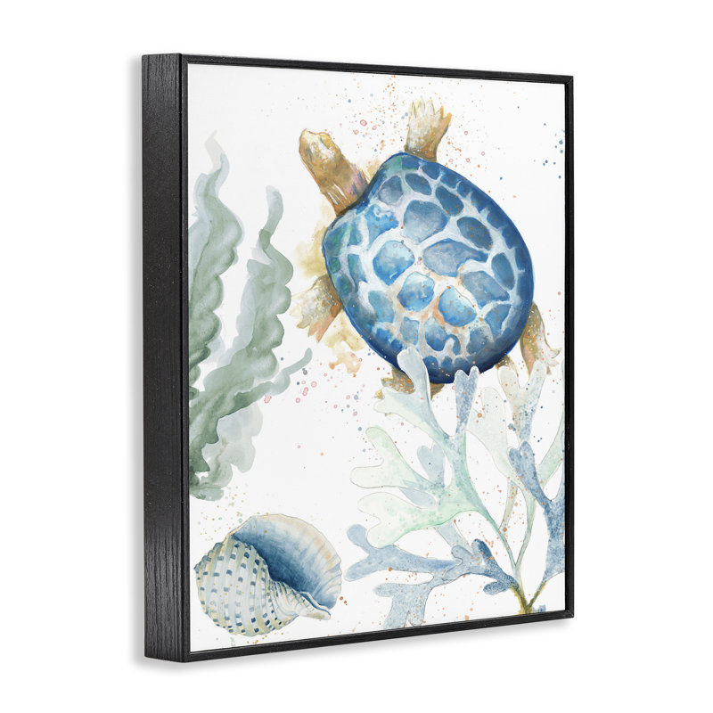 Tortue mouchetée et art giclée corail par Patricia Pinto, H 30 po x l 24 po, Giclée encadrée noir minuit