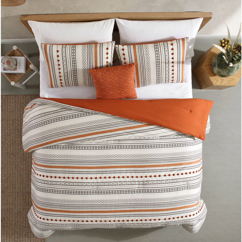  Beige/Orange Microfiber Reversible 4 Piece Comforter Set, King Comforter + 3 Additional Pieces