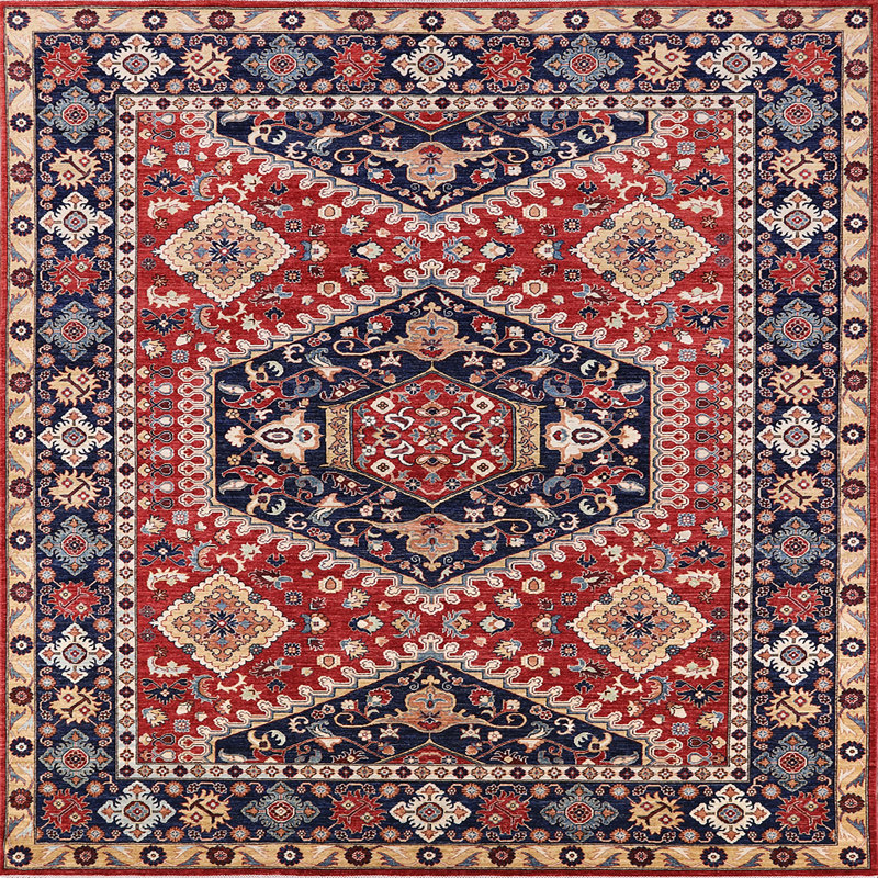 Tapis oriental rouge / ivoire / bleu, Carré 8 pi