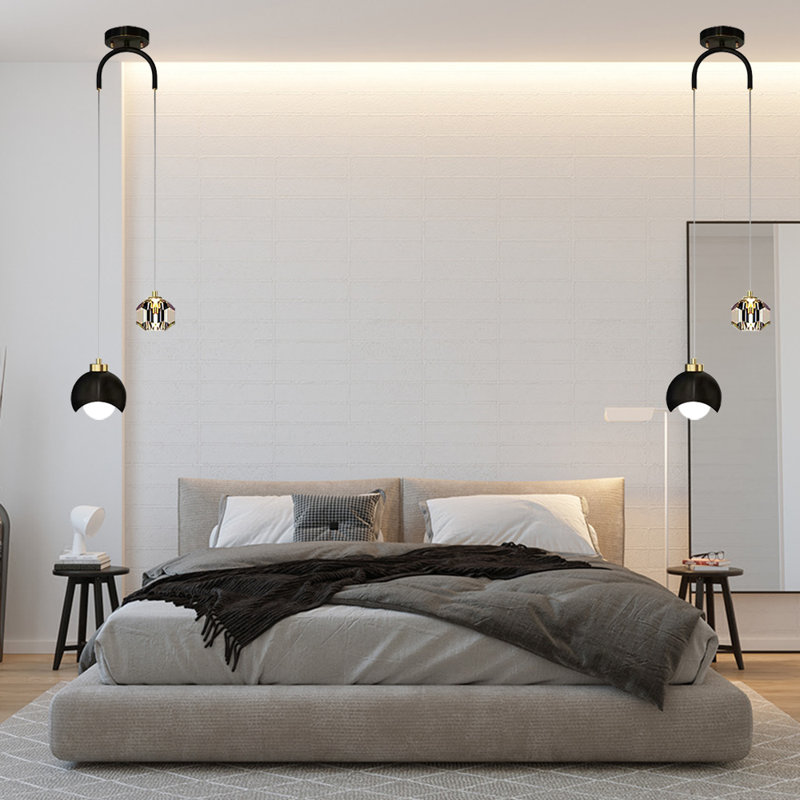 Plafonnier lustre sphérique à 2 lumières avec accents en cristal Logunn, Noir mat, H 59,06 po x l 16,54 po x P 8,7 po