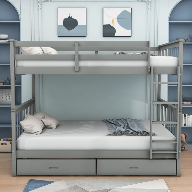 Edik Full over Full Bunk Bed with Built-In Ladder, Gray