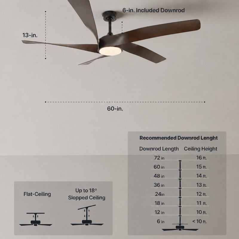  Ventilateur de plafond intérieur / extérieur 60 po avec éclairage DEL Kappler, ventilateur à DEL à intensité variable 6CCT, avec lumière et télécommande - noir mat et brun foncé