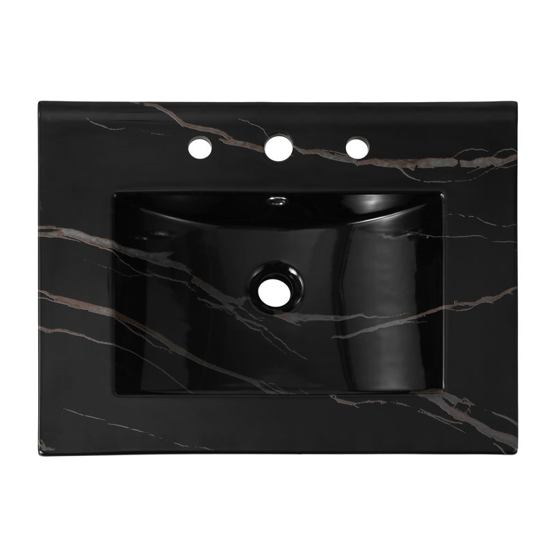 Plateau de meuble-lavabo à simple cuve rectangulaire contemporain en céramique à 3 trous 24 po Ancillary, Marbre noir