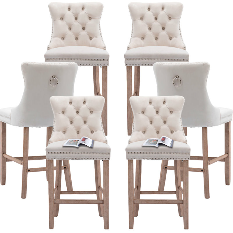 Velvet Upholstered Bar Stool with Button Tufted Back, Beige, Brown, 6