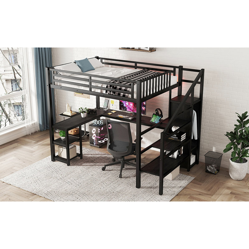 Lit mezzanine en métal noir avec rangement, bureau et conduit pour une chambre à coucher sophistiquée avec placard, effets dynamiques