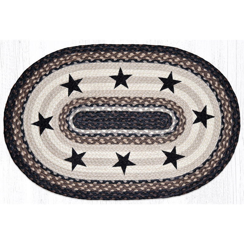 Black and Beige Braided Oval Jute Rug with Stars