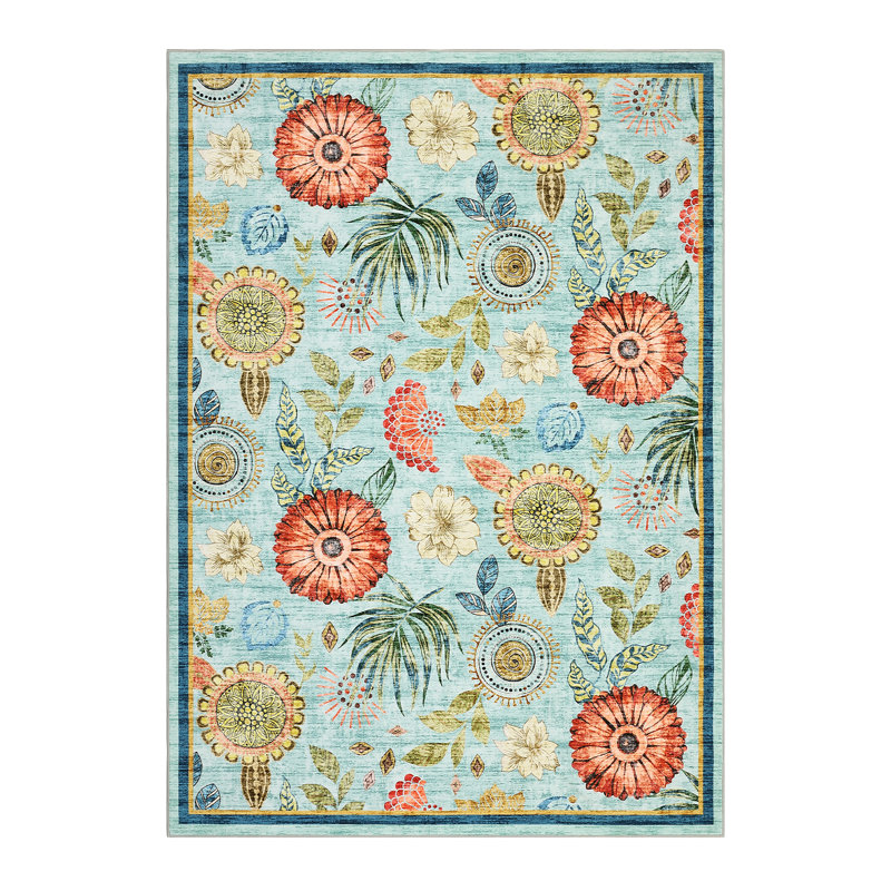 Floral Machine Washable Rug with Non Slip TPR Backing, Non Shedding Soft Low Pile Rug for Living Room Bedroom Nursery
