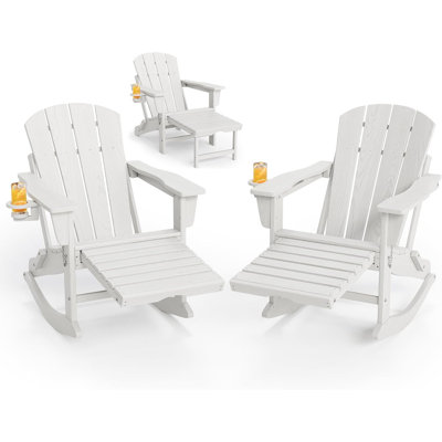 2 chaises berçantes pliantes Adirondack avec repose-pieds rétractable - PEHD texturé bois, porte-gobelet pour patio