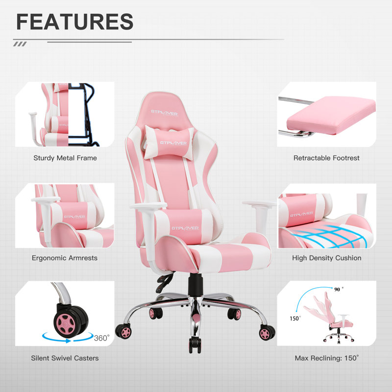 Gaming Chair Office Chair Ergonomic Swivel Heavy Duty Chair with Cushion and Reclining Back Support, Pink