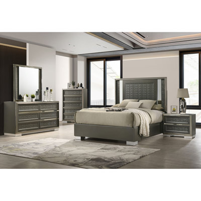 Commode de style contemporain à 5 tiroirs avec support à 5 tiroirs et feuillets sur fond gris foncé