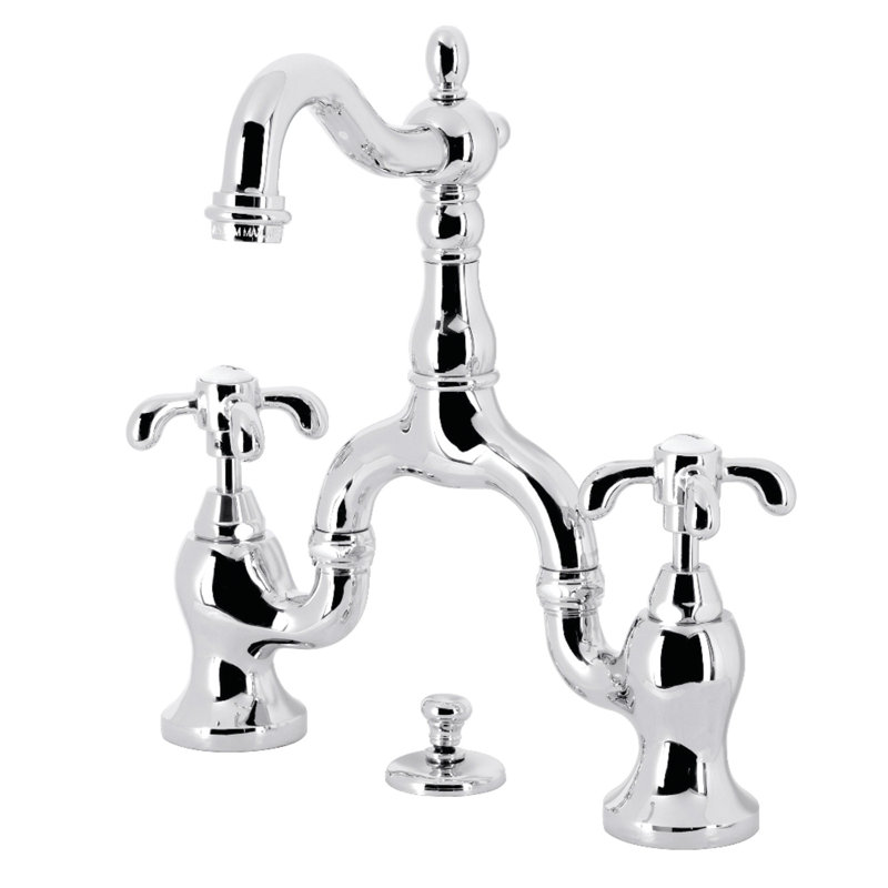 Kingston Brass French Country Two-Handle 3-Hole Deck Mount Bridge Bathroom Faucet with Brass Pop-Up, Polished Chrome