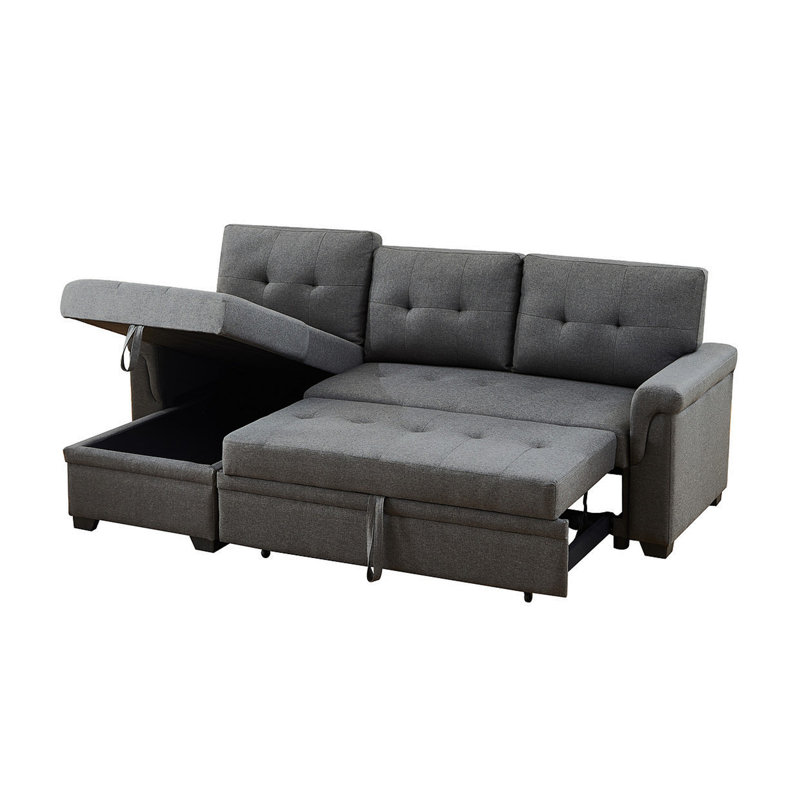 Jardin 84"W Dark Gray Linen Reversible Sleeper Sectional Sofa With Storage Chaise, Dark Gray Linen
