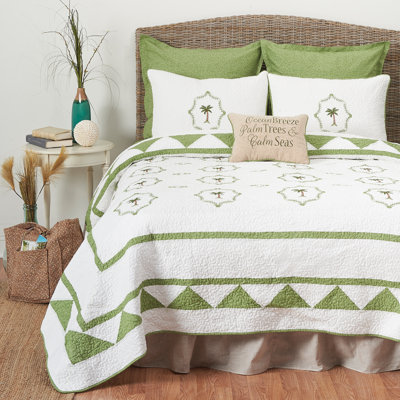 Martinique Embroidered Tropical Palm Tree Cotton Lightweight Coastal Beach Quilt