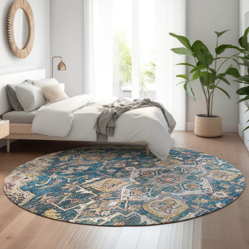 Premium Machine Washable Prisco Blue Rug, Round 8'