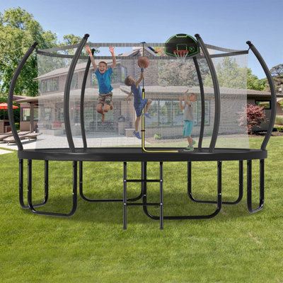 Trampoline 16 pi avec panier de basketball pour enfants et adultes, trampoline rond d'extérieur avec filet d'enclos et poteaux courbés et échelle