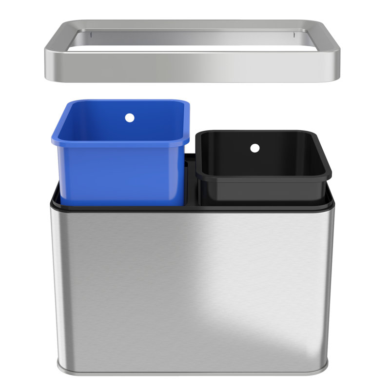 Brushed Silver Stainless Steel Dual Compartment Trash and Recycle Bin