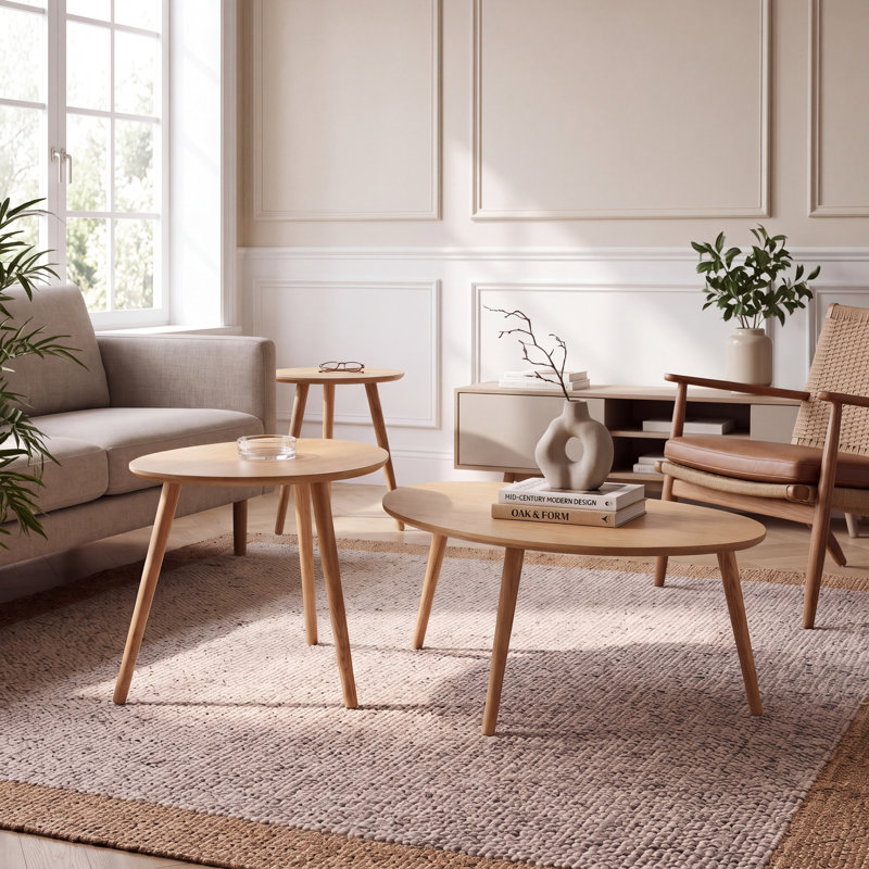 Solid Oak Modern Coffee Nesting Table-Set of 3, Oak
