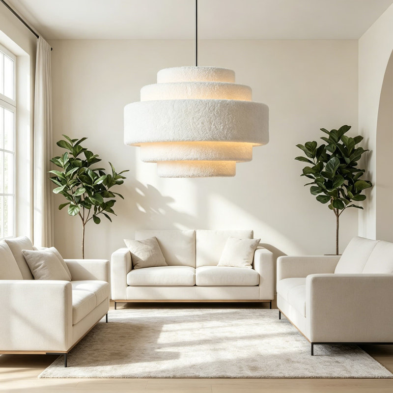 Lustre côtier à 5 niveaux, luminaire suspendu bohème moderne de 13 pouces avec abat-jour en peluche, lampe suspendue tambour réglable pour la chambre à coucher, la salle à manger, l'entrée de l'îlot de cuisine, blanc