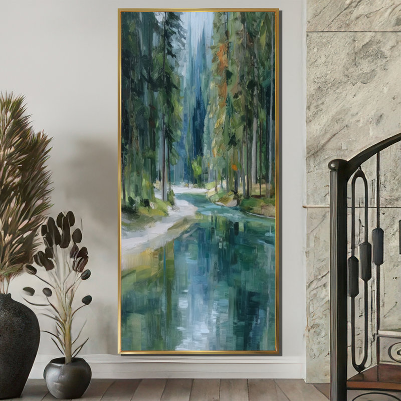 «Pine Trees Fraser River Calming Current», art sur toile, paysage vert, H 60 po x l 28 po, Cadre flottant, Doré