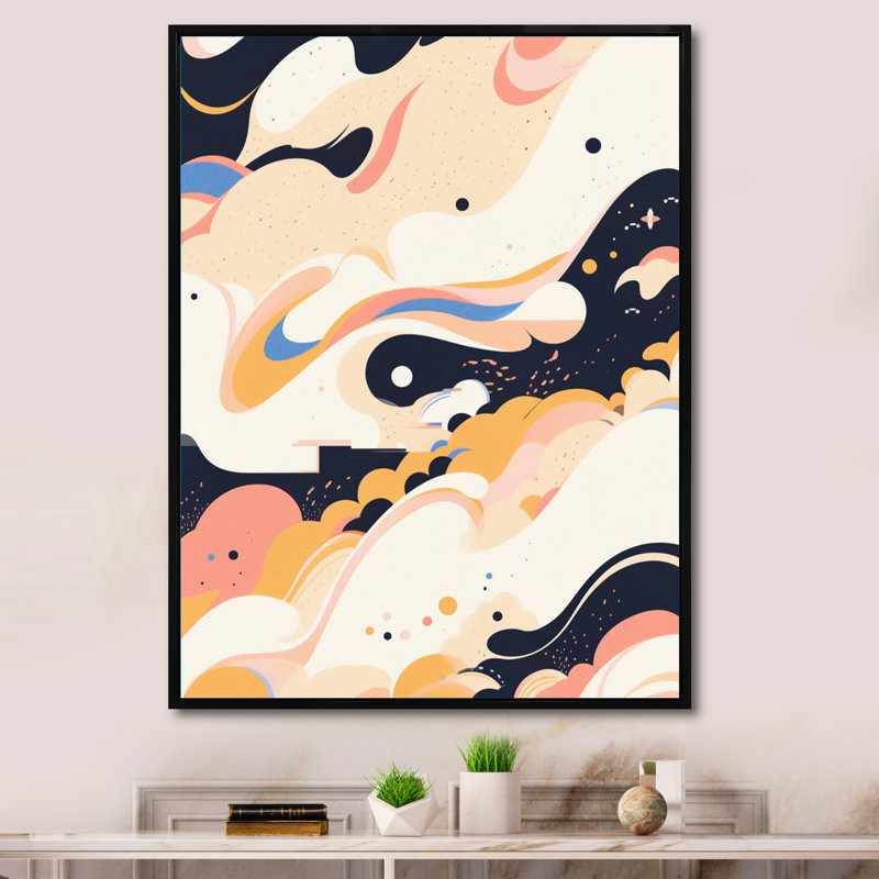 Abstractions symétriques beiges noires sur toile, H 20 po x l 12 po x P 1 po, Cadre flottant noir