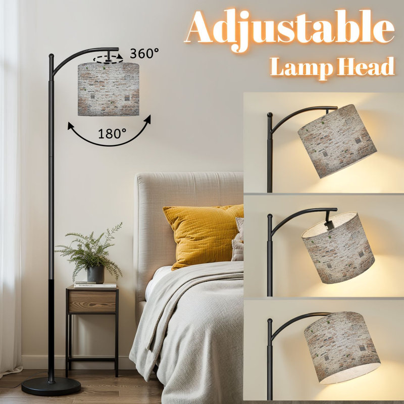 Lampe sur pied à arc avec abat-jour réglable mur de briques rustiques blanc délavé exposé briques rouges lampe sur pied vert mousse décorative 3 températures de couleur à haut gradateur avec interrupteur au pied pour la chambre à coucher