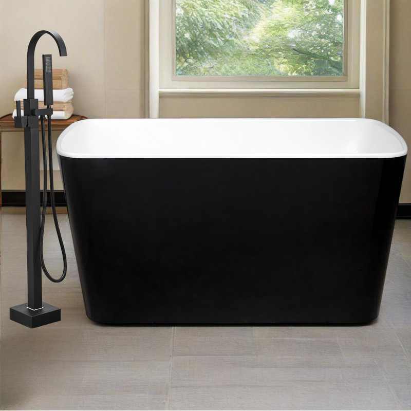 49'' Acrylic Freestanding Soaking Bathtub, Square-shape Japanese Soaking Hot Tub with Chrome Overflow and Drain, Glossy Black