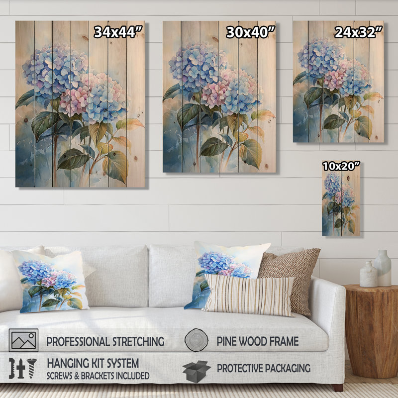 Hortensias dans la lumière du matin III - décoration murale en bois d'hortensias - sur bois de pin naturel