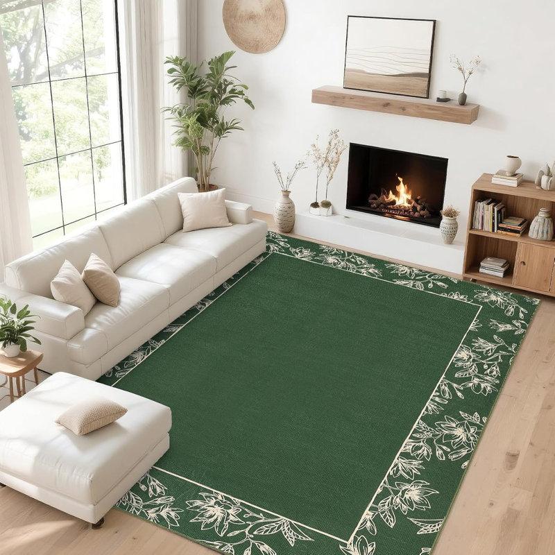 Washable Modern Bordered Hallway Rug, Non-Slip Low Pile Abstract Floral Runner for Kitchen, Laundry, Entryway, Linen
