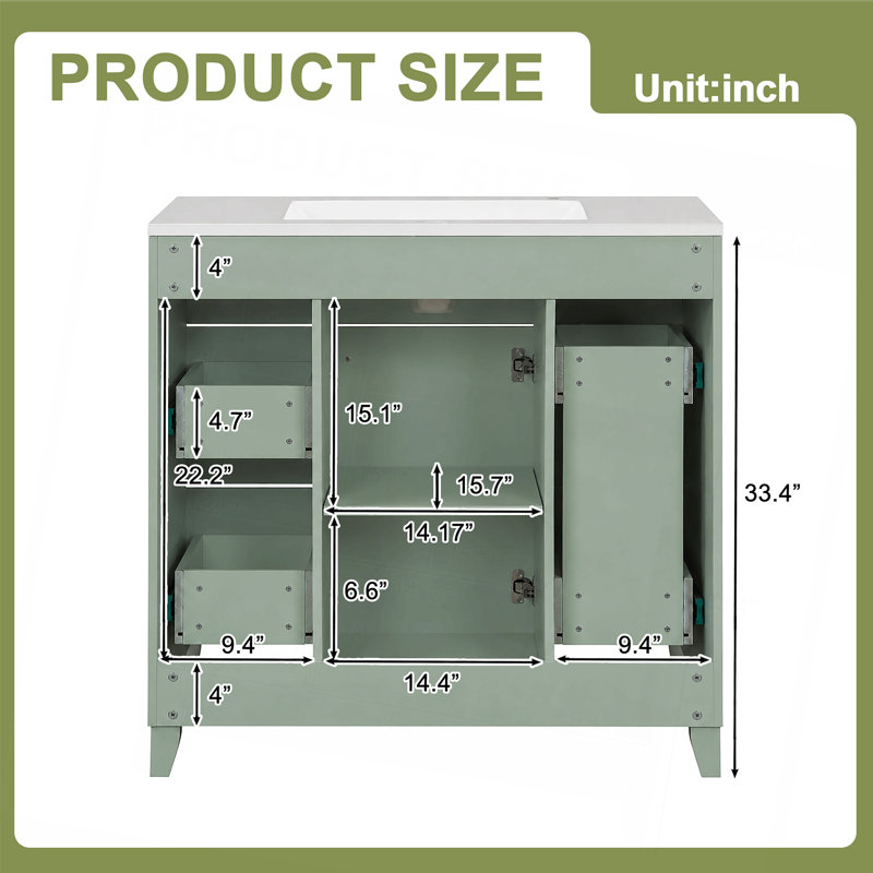 Meuble-lavabo 36 po avec lavabo en céramique, cadre en bois massif vert, portes à fermeture douce, tablettes réglables, 3 tiroirs, y compris un tiroir à double profondeur pour le rangement du sèche-cheveux