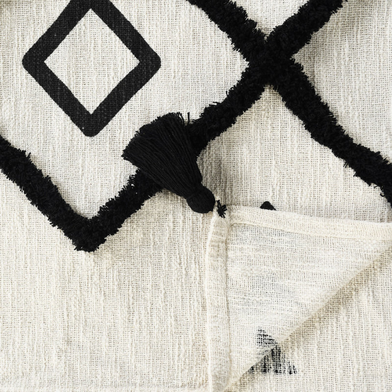 Hand Woven Throw Blanket, Black/Beige Geometric
