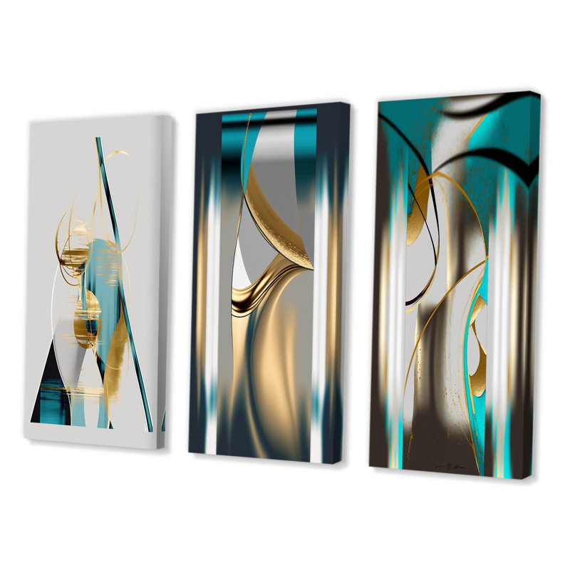 "Pleine lune or et turquoise minimalisme", 3 pièces sur toile, Toile tendue, H 32 po x l 48 po