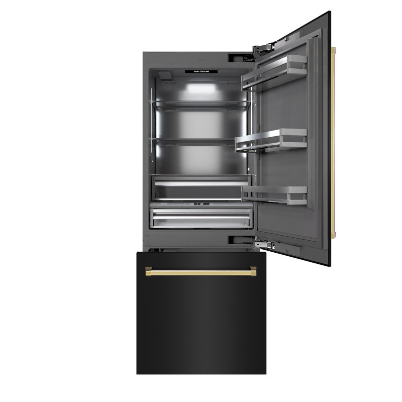 ZLINE Autograph 30 in. White Matte Built-In Refrigerator w/ Gray & Black Accents, Black Stainless Steel/Gold