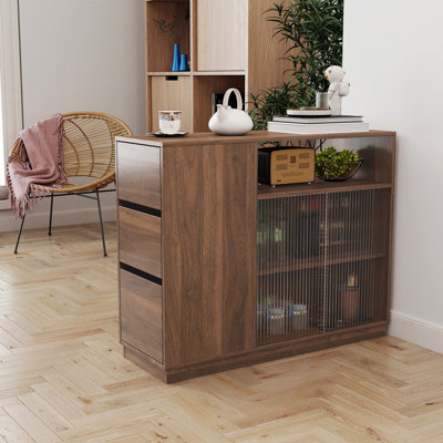 Compact Kitchen Sideboard with 2 Glass Sliding Doors, 3 Drawers & 1 Display Shelf, Ideal for Organized Storage and Modern Decor by Ebern Designs