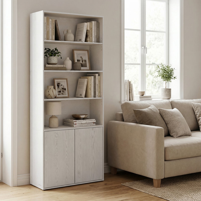 Grande bibliothèque, assemblage sans outils Superfast, bibliothèque à 6 niveaux avec porte, pour chambre à coucher de salon, blanc