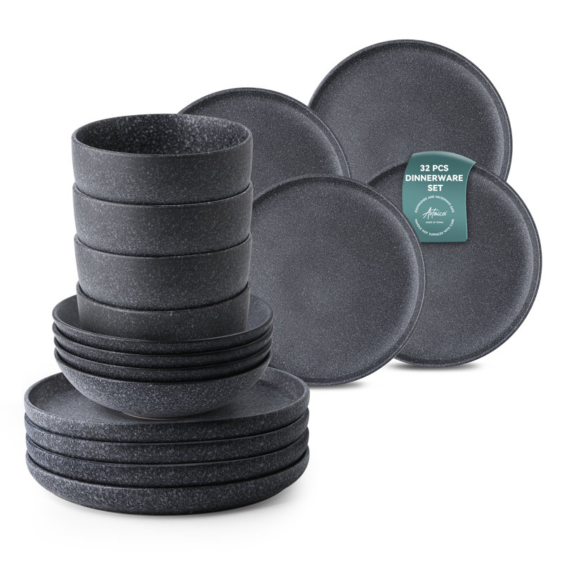 Misty 32 Piece Stoneware Matte Reactive Glaze Dinnerware Set, Service For 8, Black