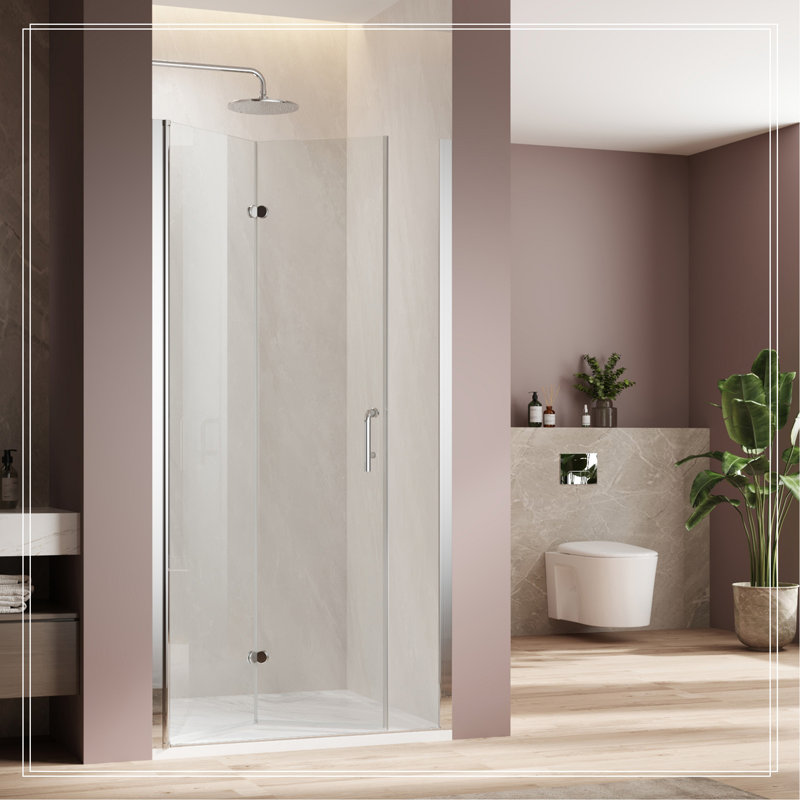 Porte de douche chromée à double panneau battant en verre pliable l 30 po x H 72 po, porte de douche réglable sans cadre avec verre trempé transparent de 1/4 po
