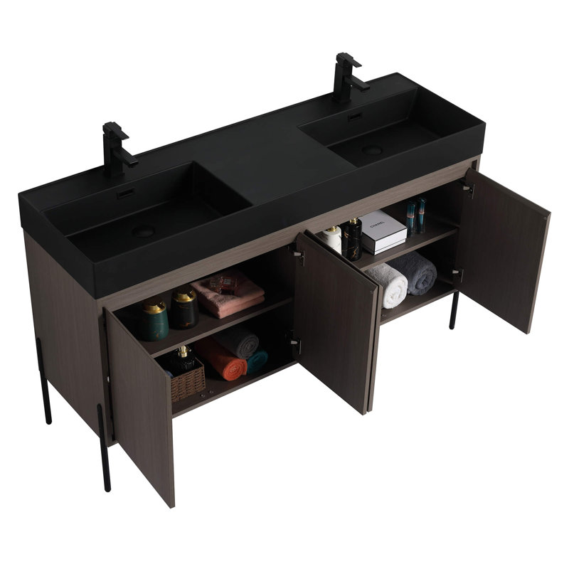 Meuble-lavabo double 60 po Ebord Designs Yordana Ebern Designs, Noir, noir, noir, noir, Chêne gris