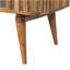 Table basse en bois à lattes de chêne et bois de chêne, rangement ouvert, pieds nordiques, brun clair