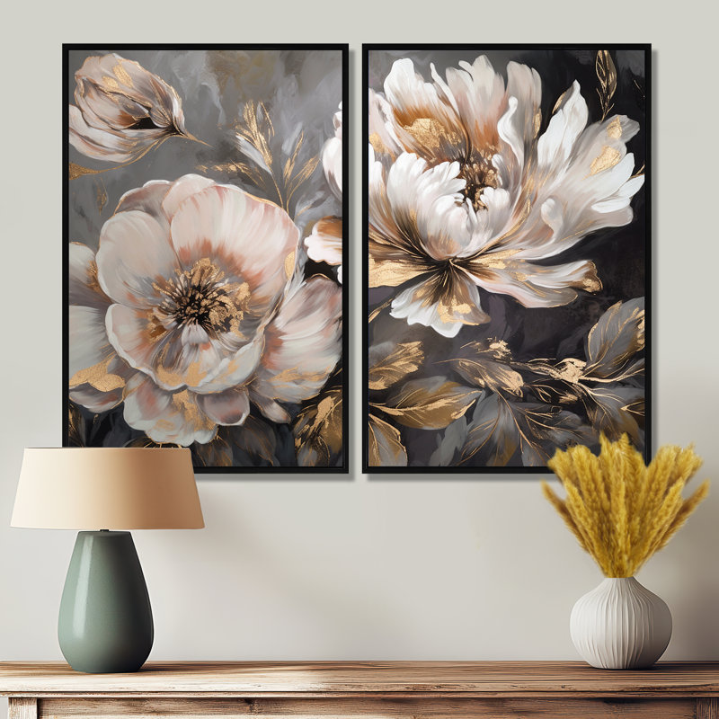 Pivoine blanche et grise en mouvement IV - décoration murale moderne, H 36 po x l 48 po, Noir
