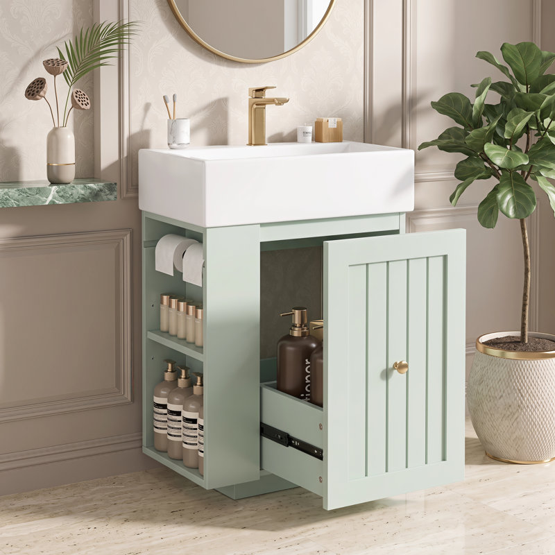 Meuble-lavabo moderne de 20 pouces avec lavabo en céramique intégré, armoire de rangement, tiroir, tablette latérale, quincaillerie dorée, petite armoire de salle de bain compacte