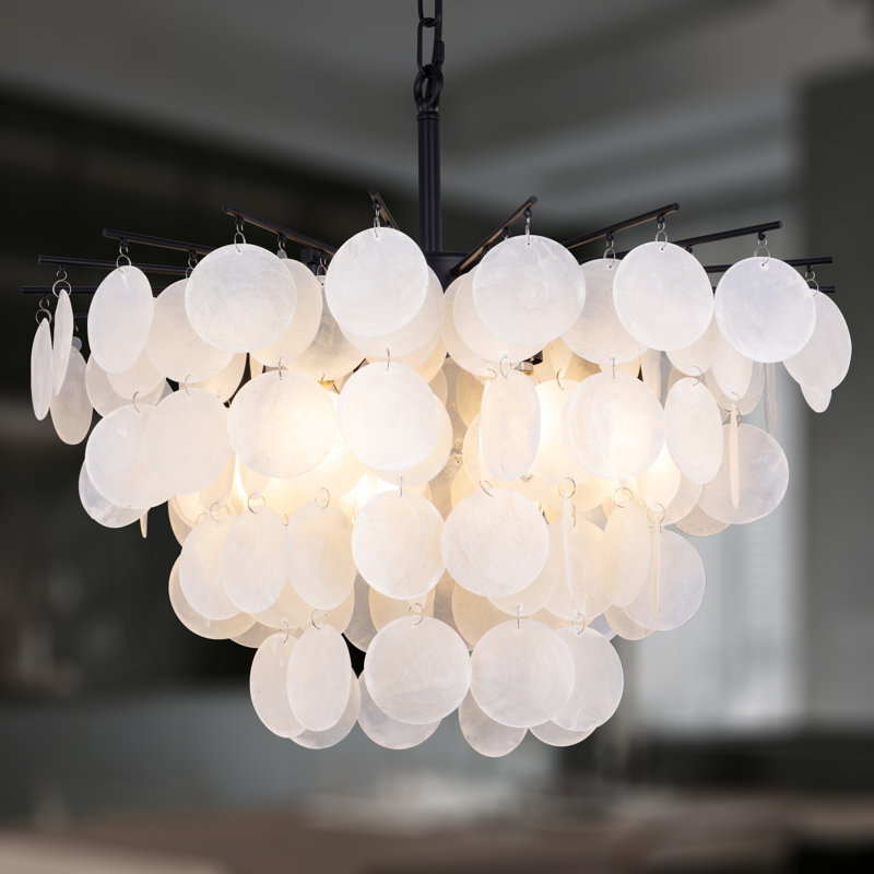6 Light Modern Coastal Light Fixture Capiz Shell Chandelier, Black