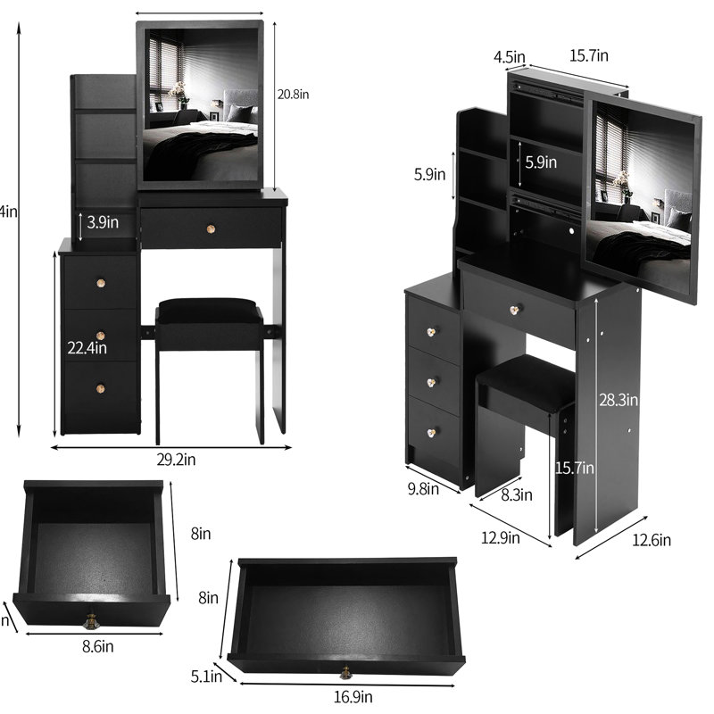 Table de coiffeuse noire avec tabouret rembourré et miroir coulissant, rangement multicouche pour les petites chambres à coucher, siège compact de style américain, très grand espace de chambre étroite à couches multiples