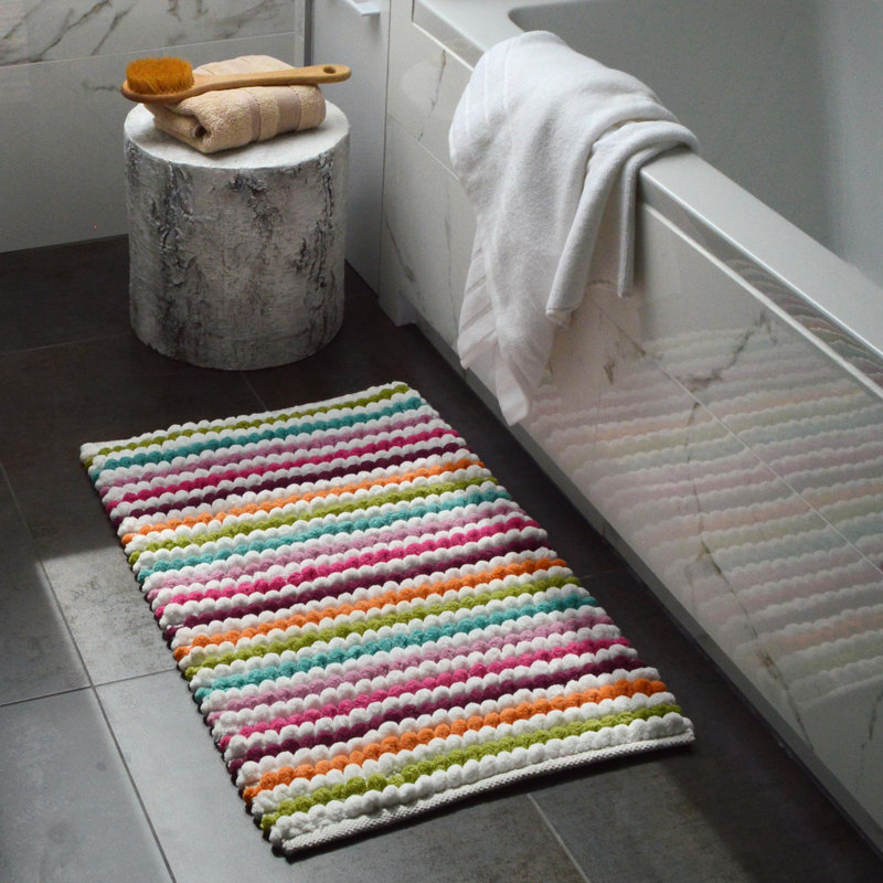 Two Piece Striped Bobble Bath Mat and Pedestal Mat Set, Green/Orange/Pink