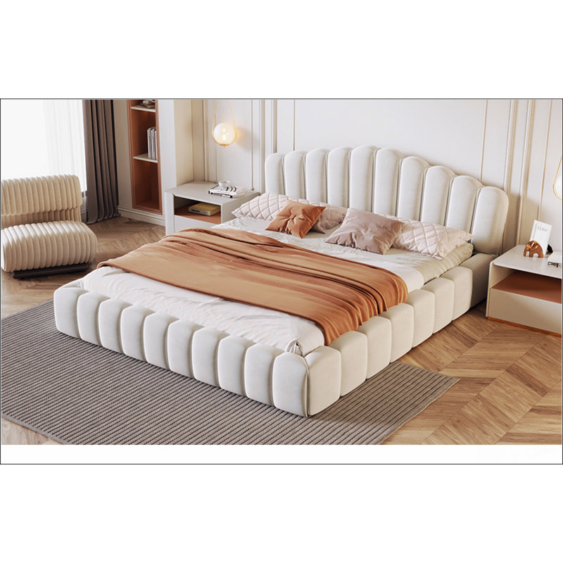 Tête de lit tapissier en velours pour grand lit, sans sommier tapissier, beige
